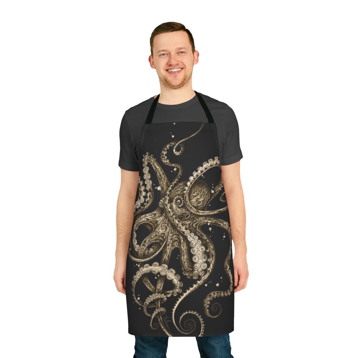 Vibrant sepia-toned apron featuring a psychedelic octopus with swirling tentacles