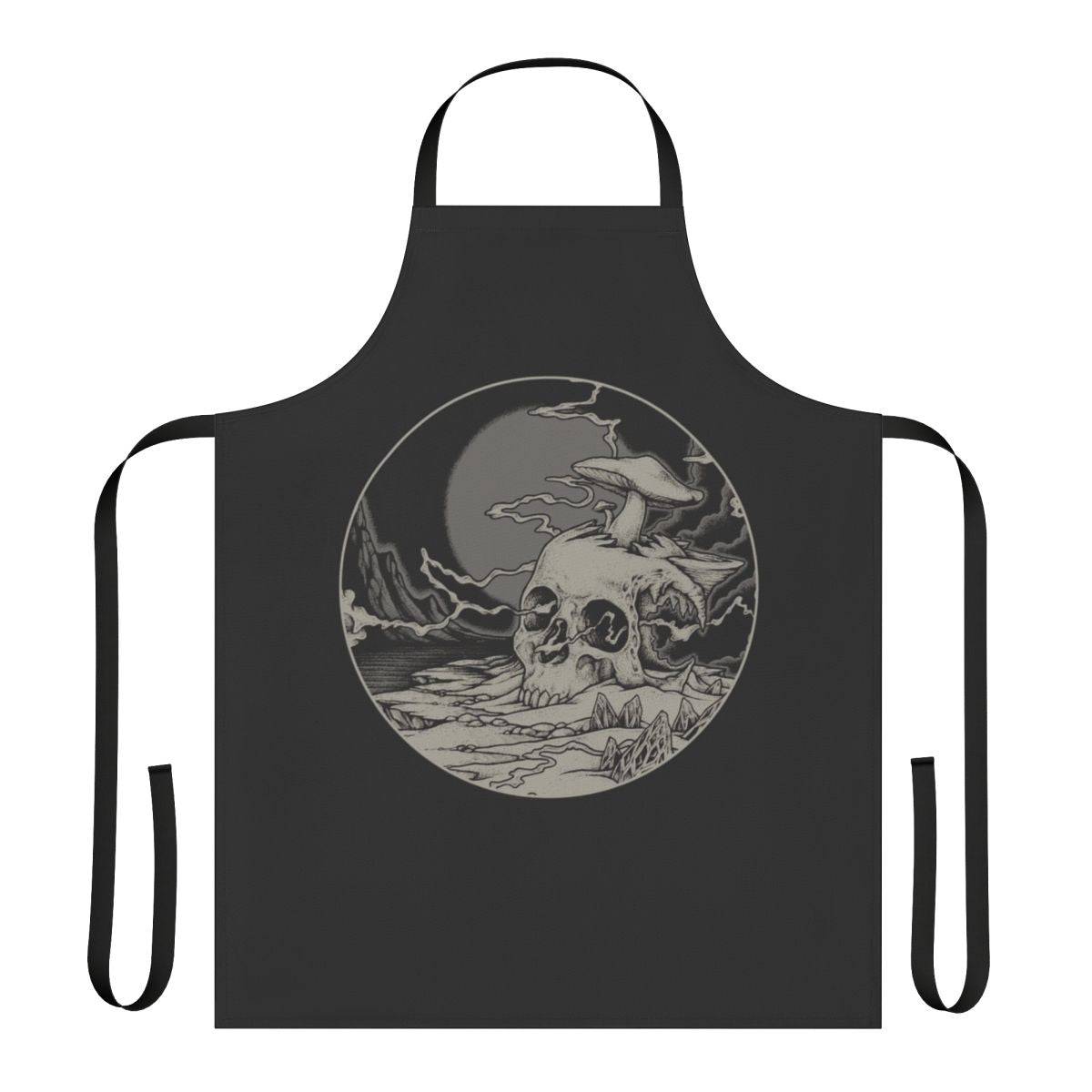 A dark, trippy apron featuring a psychedelic space landscape and skull design
