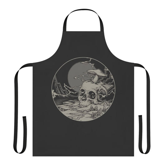 A dark, trippy apron featuring a psychedelic space landscape and skull design
