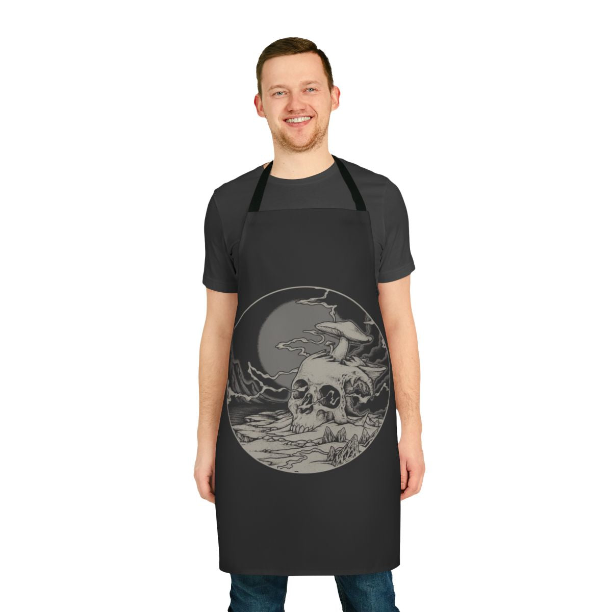 A dark, trippy apron featuring a psychedelic space landscape and skull design