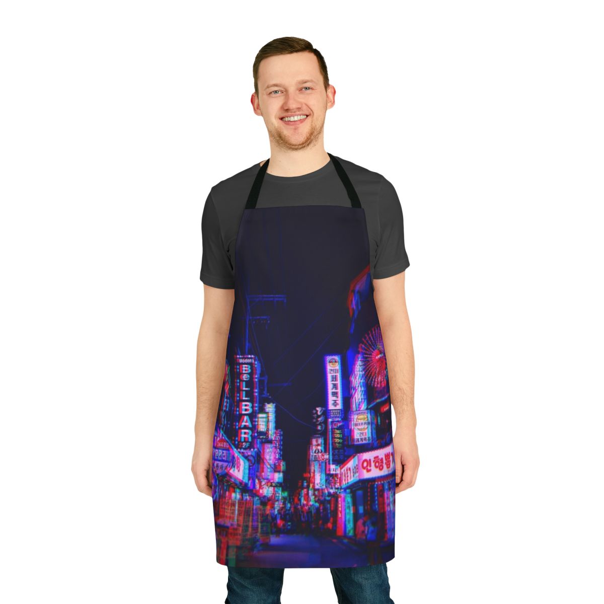 Lsd-inspired psychedelic urban city skyline design on an apron