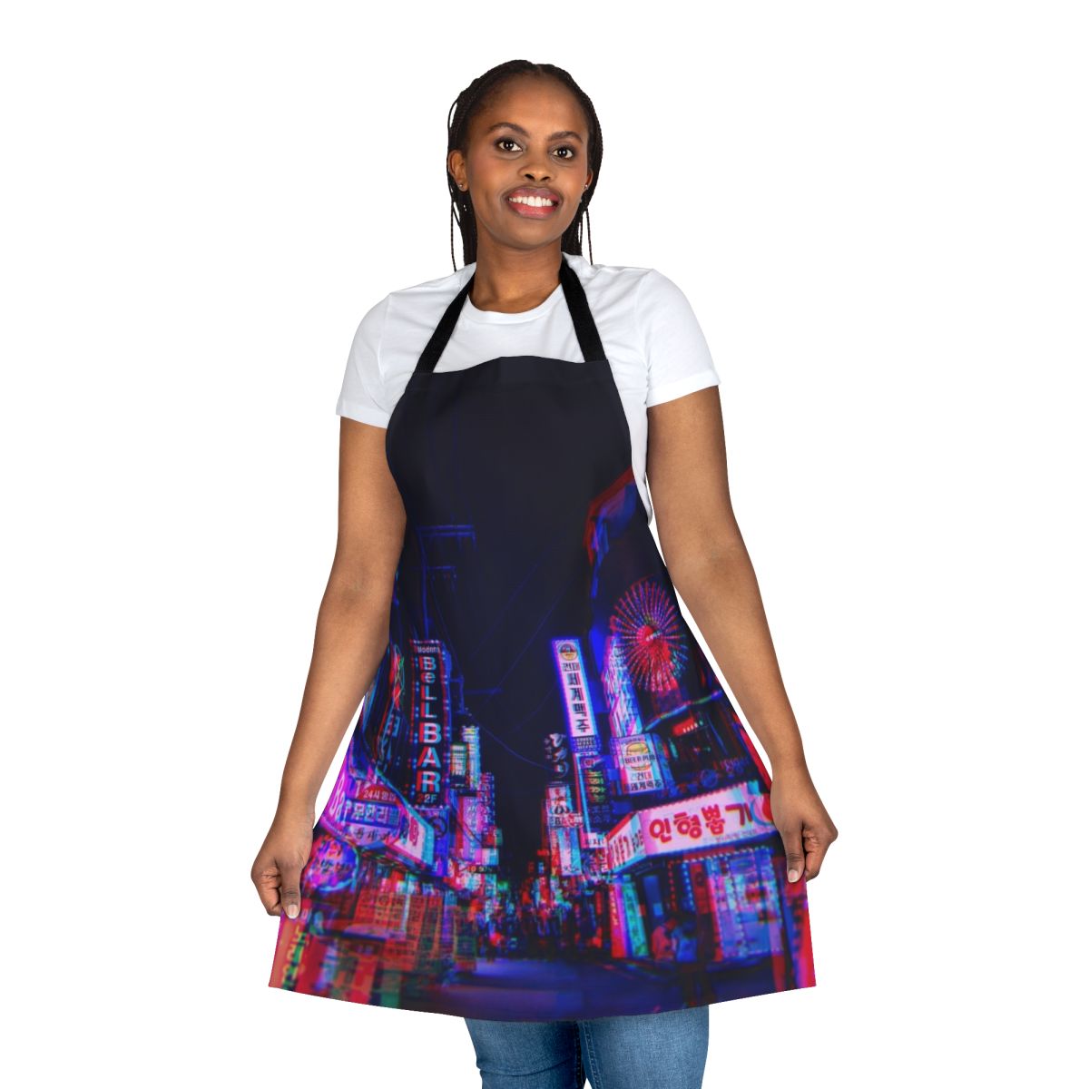 Lsd-inspired psychedelic urban city skyline design on an apron