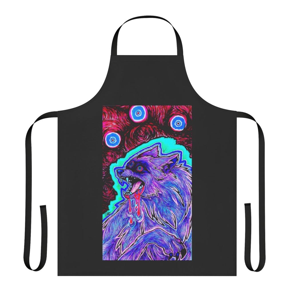 Psychedelic, surreal apron featuring a wolf or dog design with chromatic aberration and ink artwork