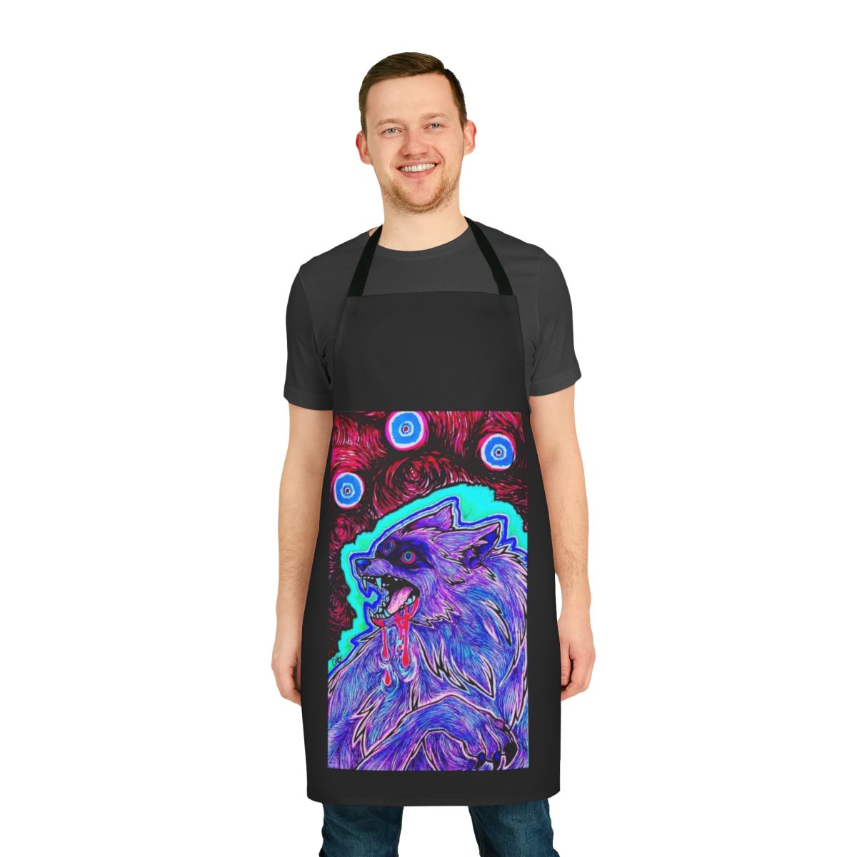 Psychedelic, surreal apron featuring a wolf or dog design with chromatic aberration and ink artwork