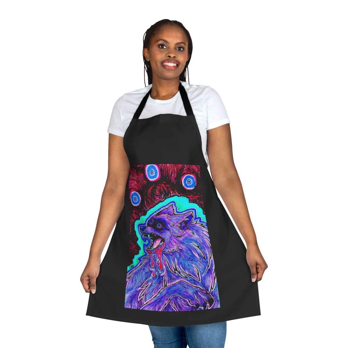 Psychedelic, surreal apron featuring a wolf or dog design with chromatic aberration and ink artwork
