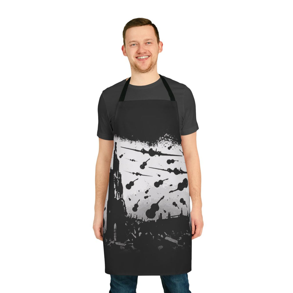 Psycho-inspired retro apron with a white print design, perfect for music fans and enthusiasts.