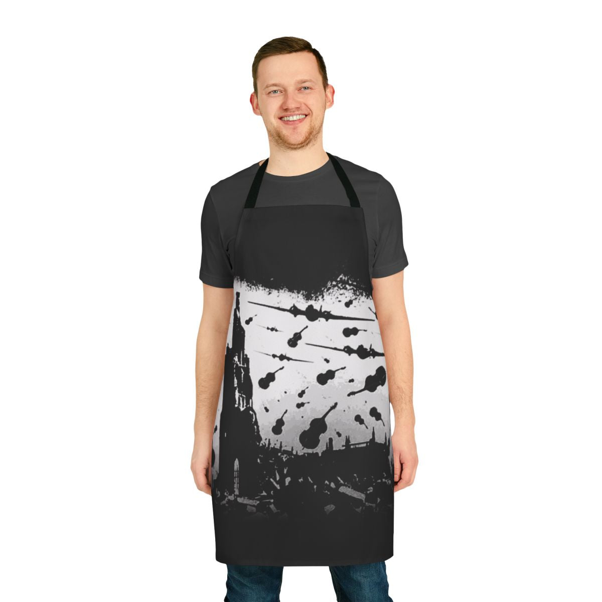 Psycho-inspired retro apron with a white print design, perfect for music fans and enthusiasts.