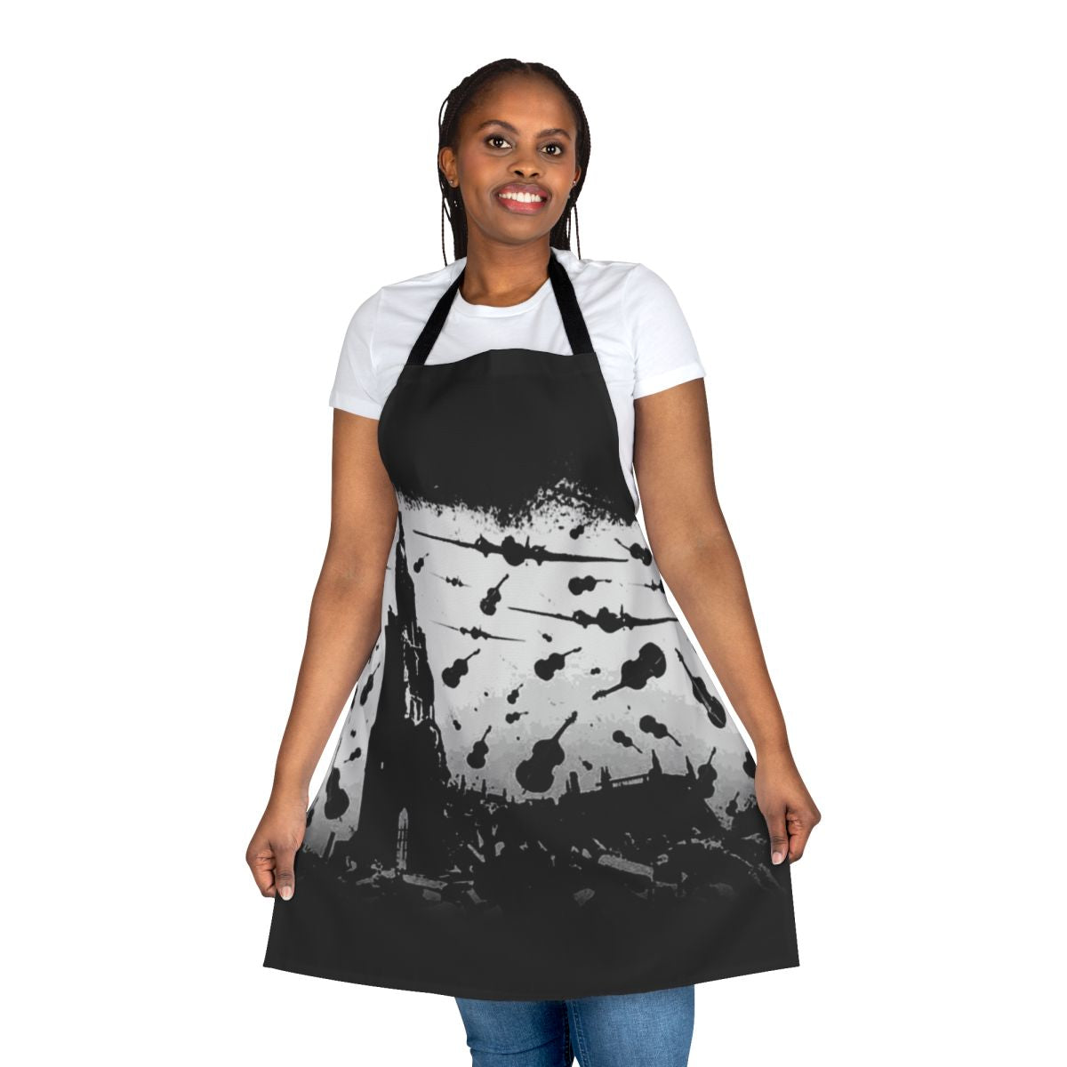 Psycho-inspired retro apron with a white print design, perfect for music fans and enthusiasts.