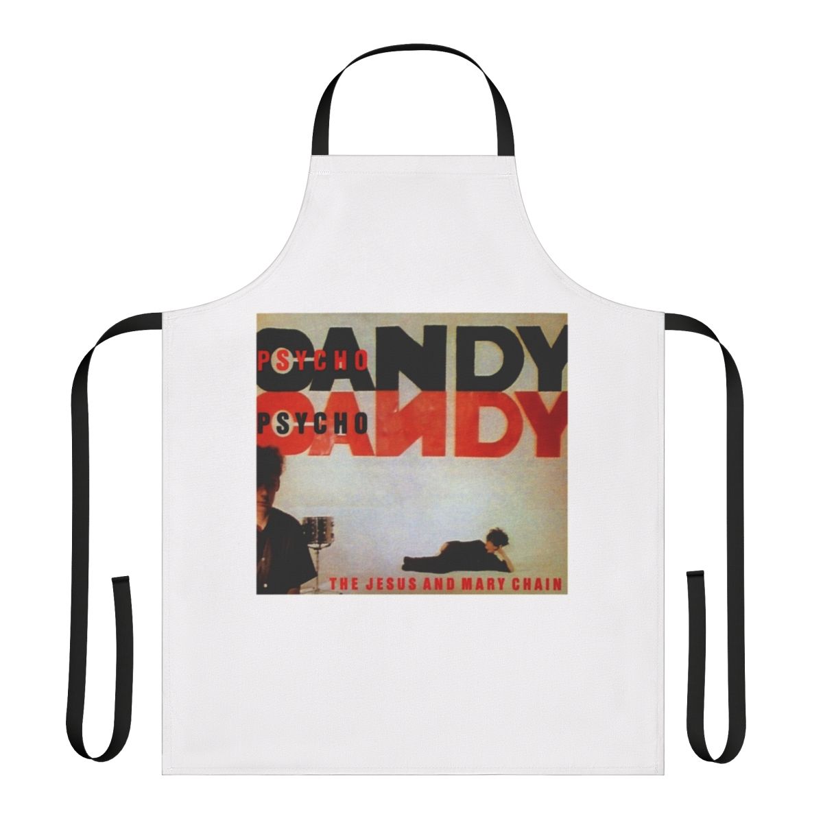 Black apron with psychedelic design inspired by The Jesus and Mary Chain's album Psychocandy