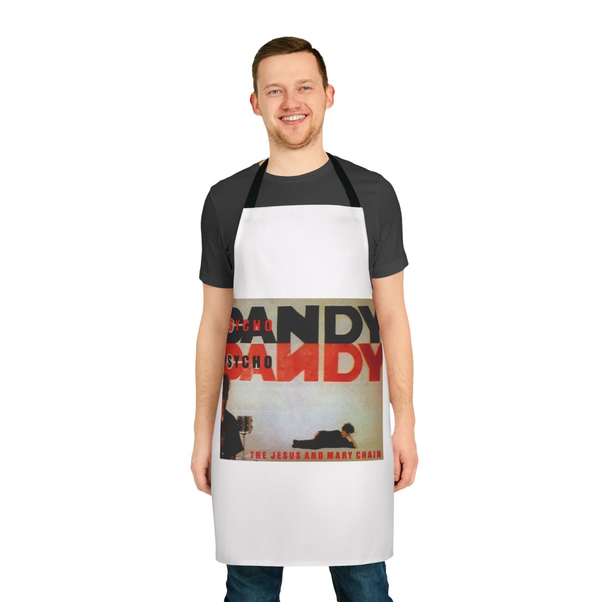 Black apron with psychedelic design inspired by The Jesus and Mary Chain's album Psychocandy