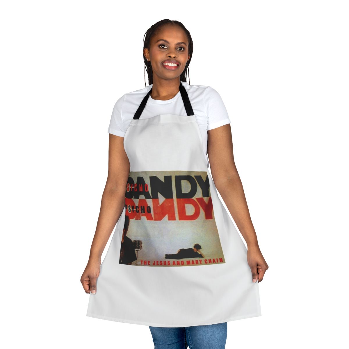 Black apron with psychedelic design inspired by The Jesus and Mary Chain's album Psychocandy