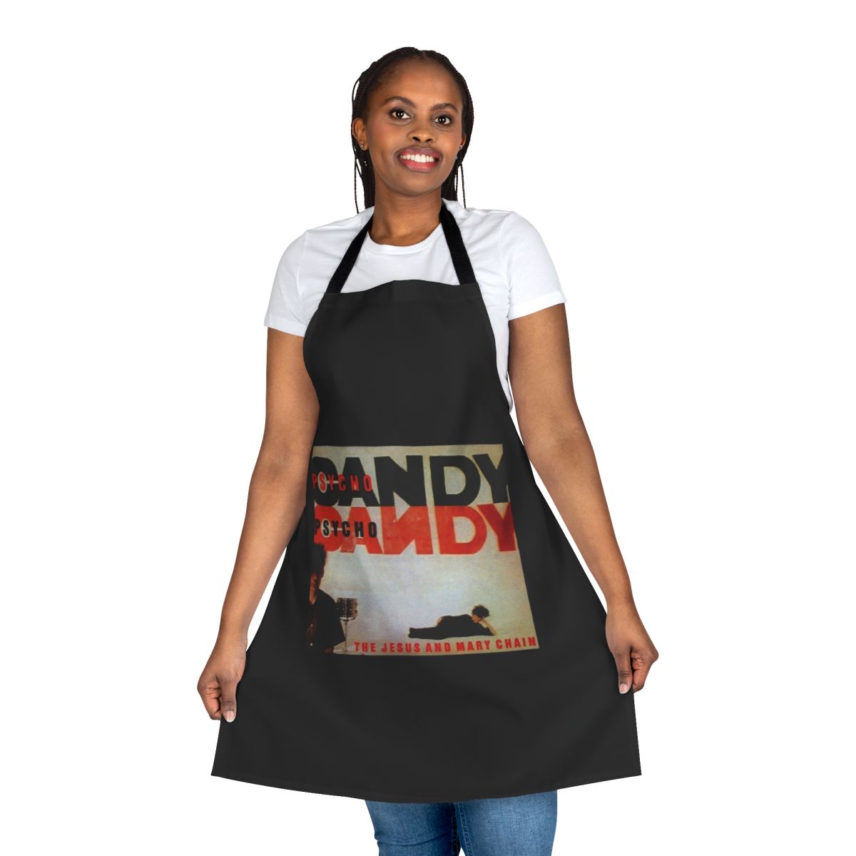 Psychocandy-themed apron featuring The Jesus and Mary Chain band logo and imagery