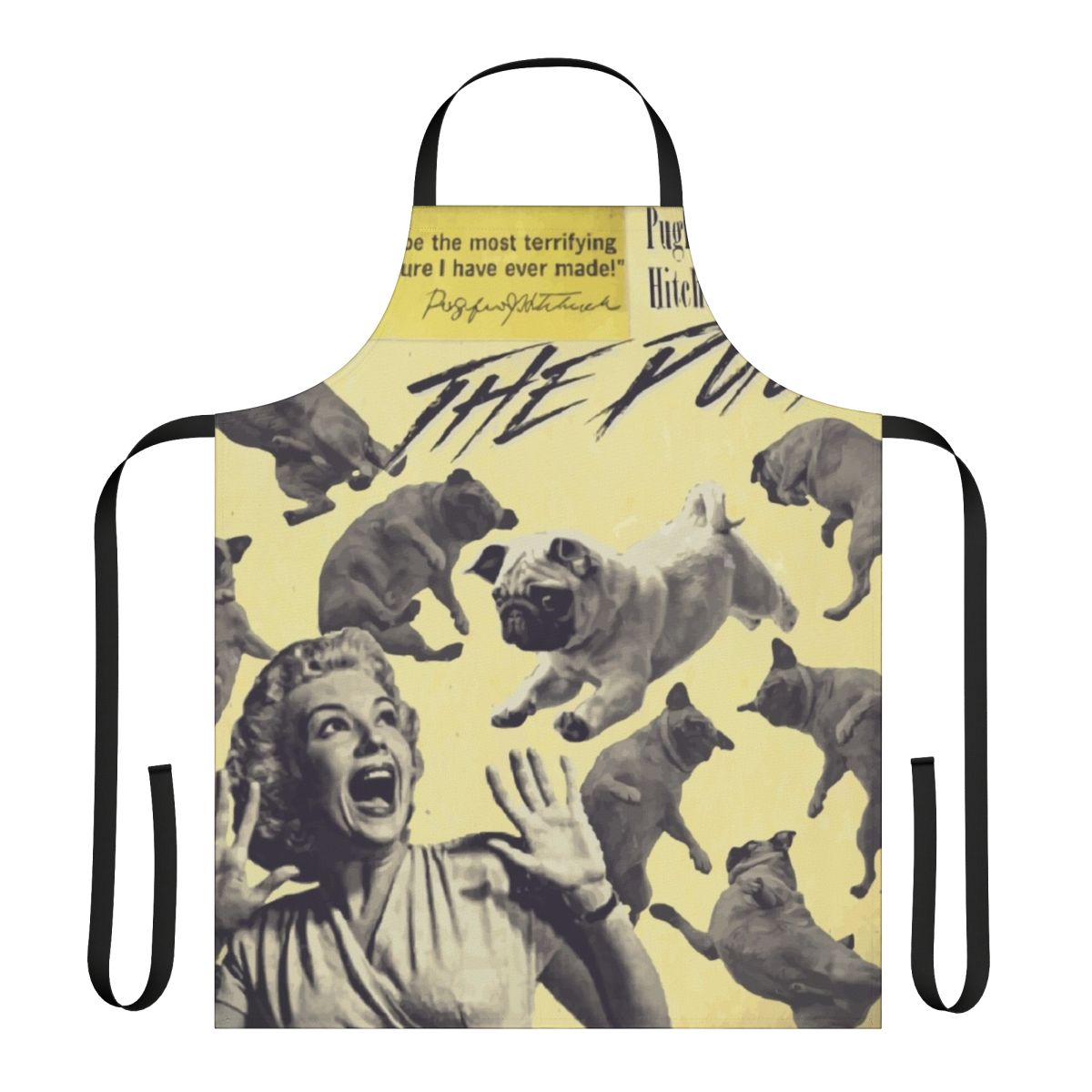 Pug attack horror-themed apron with funny pug design