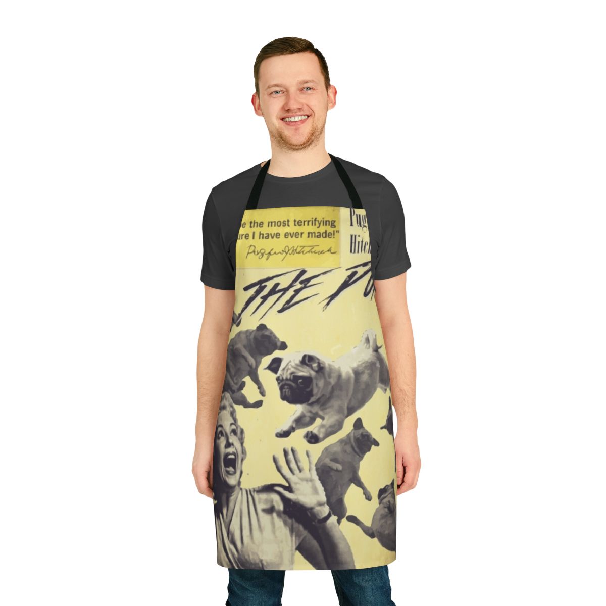 Pug attack horror-themed apron with funny pug design