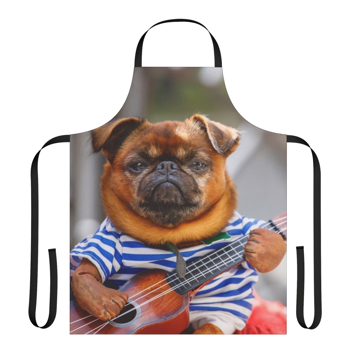 Pug dog playing an acoustic guitar on a black kitchen apron