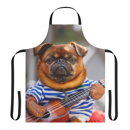 Pug dog playing an acoustic guitar on a black kitchen apron