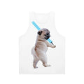 Pug wearing a tank top and holding a lightsaber