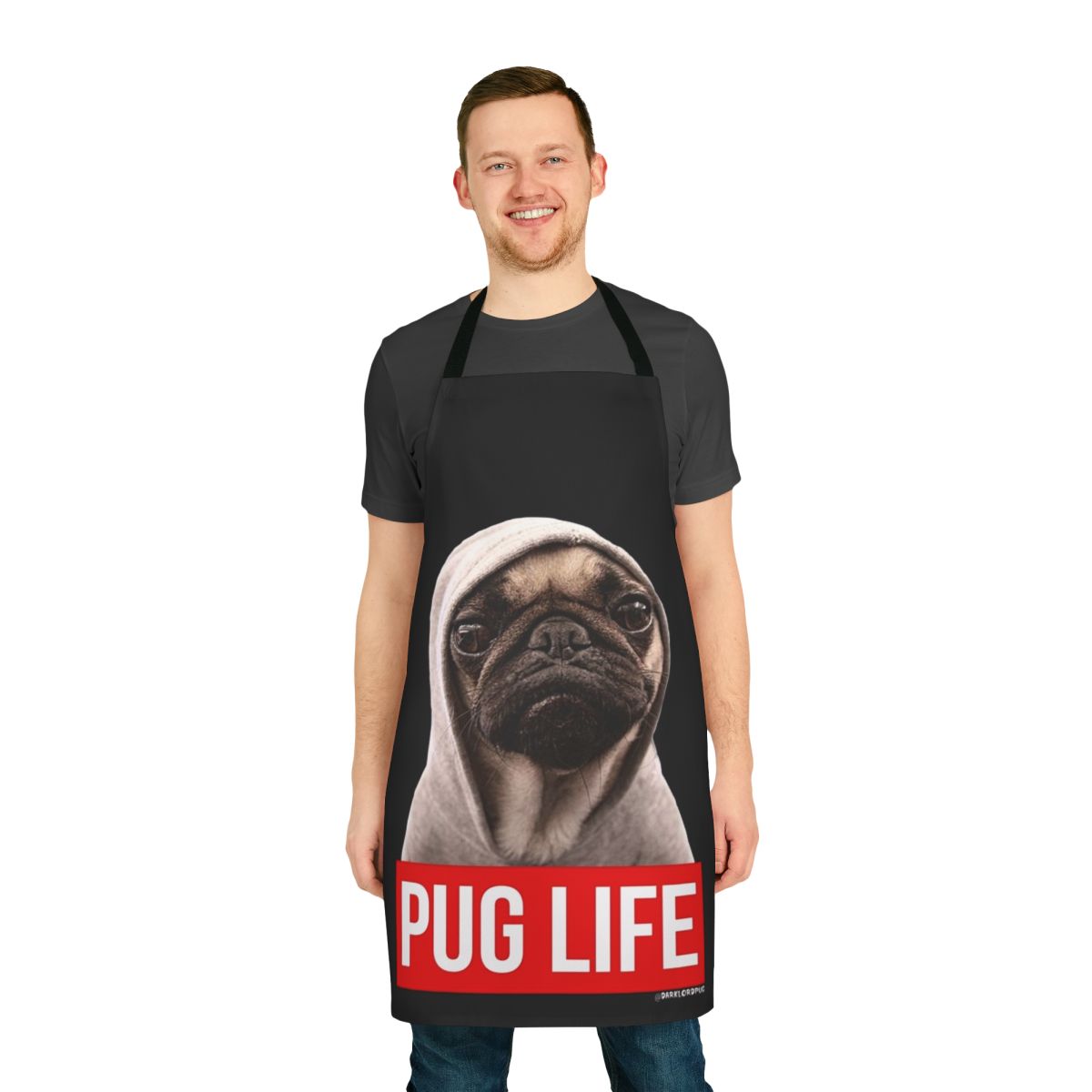Pug themed apron with a dark lord pug design, perfect for pug lovers