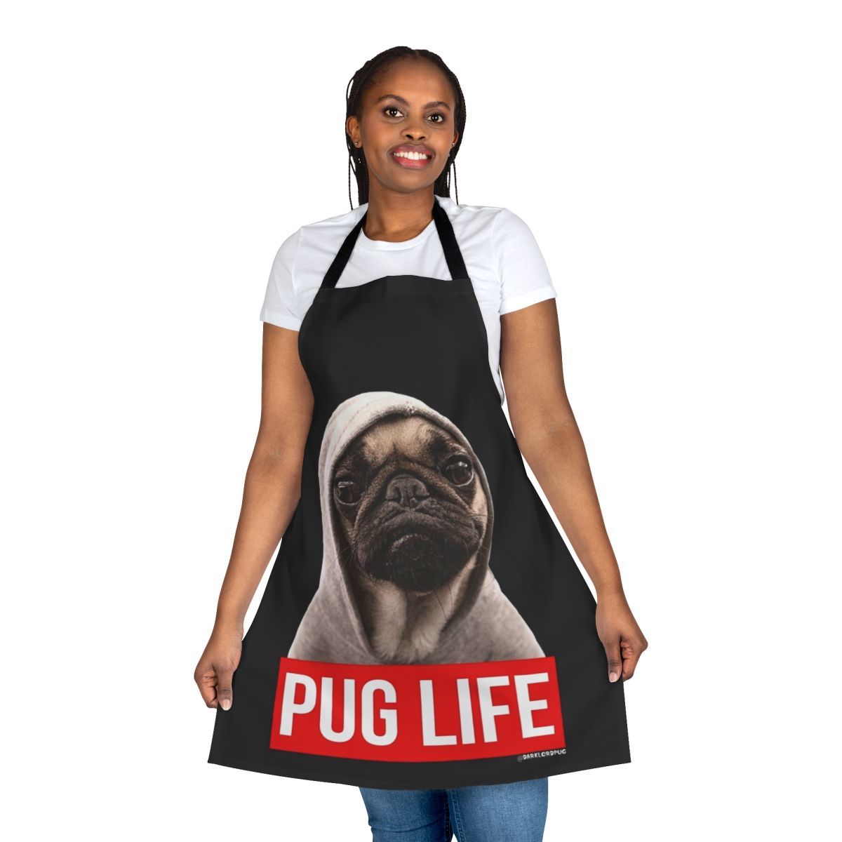 Pug themed apron with a dark lord pug design, perfect for pug lovers
