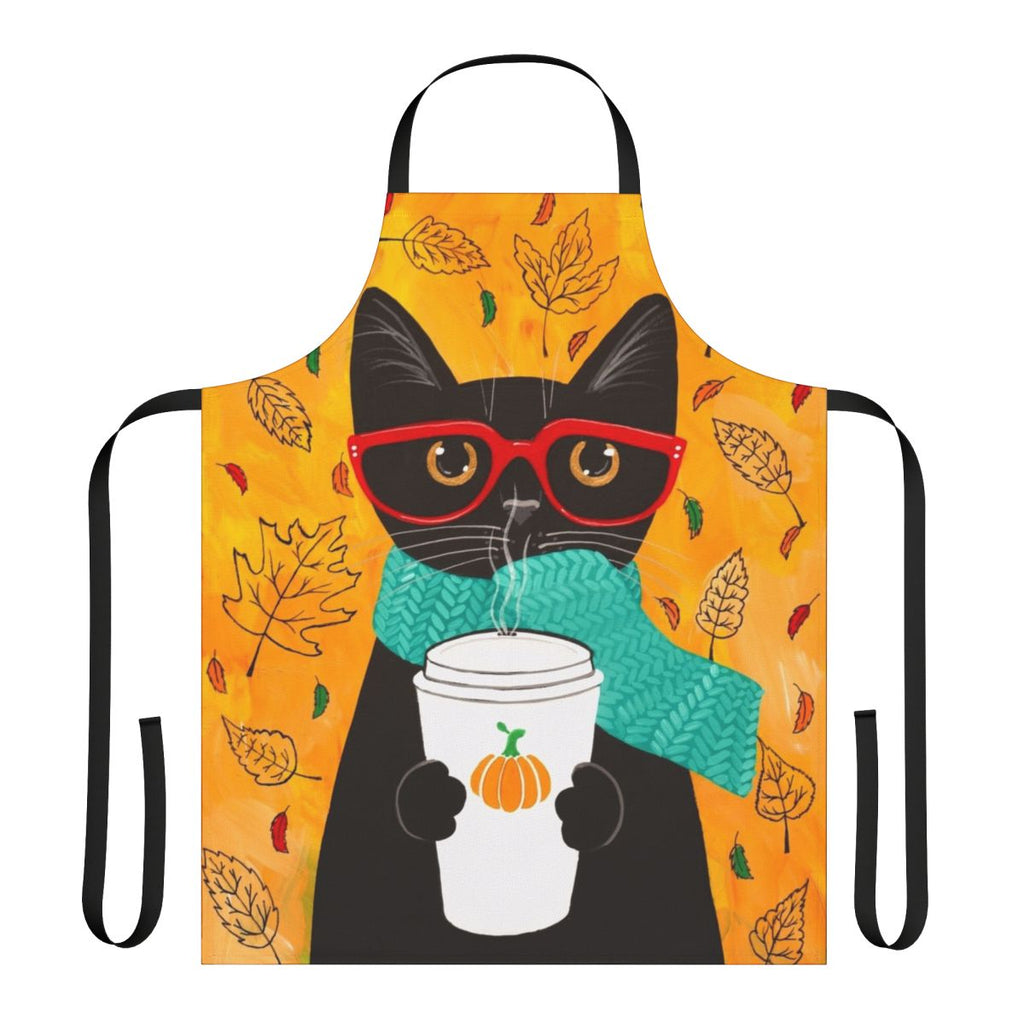 Autumn pumpkin-themed cat apron with a black cat wearing glasses and holding a pumpkin spice latte.