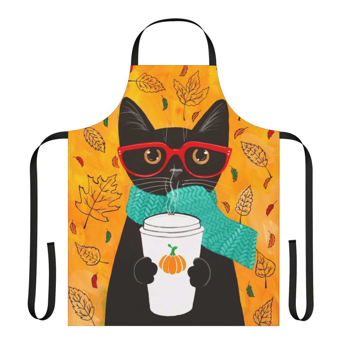 Autumn pumpkin-themed cat apron with a black cat wearing glasses and holding a pumpkin spice latte.