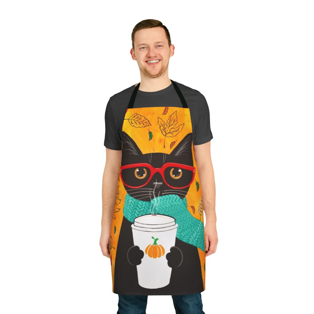 Autumn pumpkin-themed cat apron with a black cat wearing glasses and holding a pumpkin spice latte.