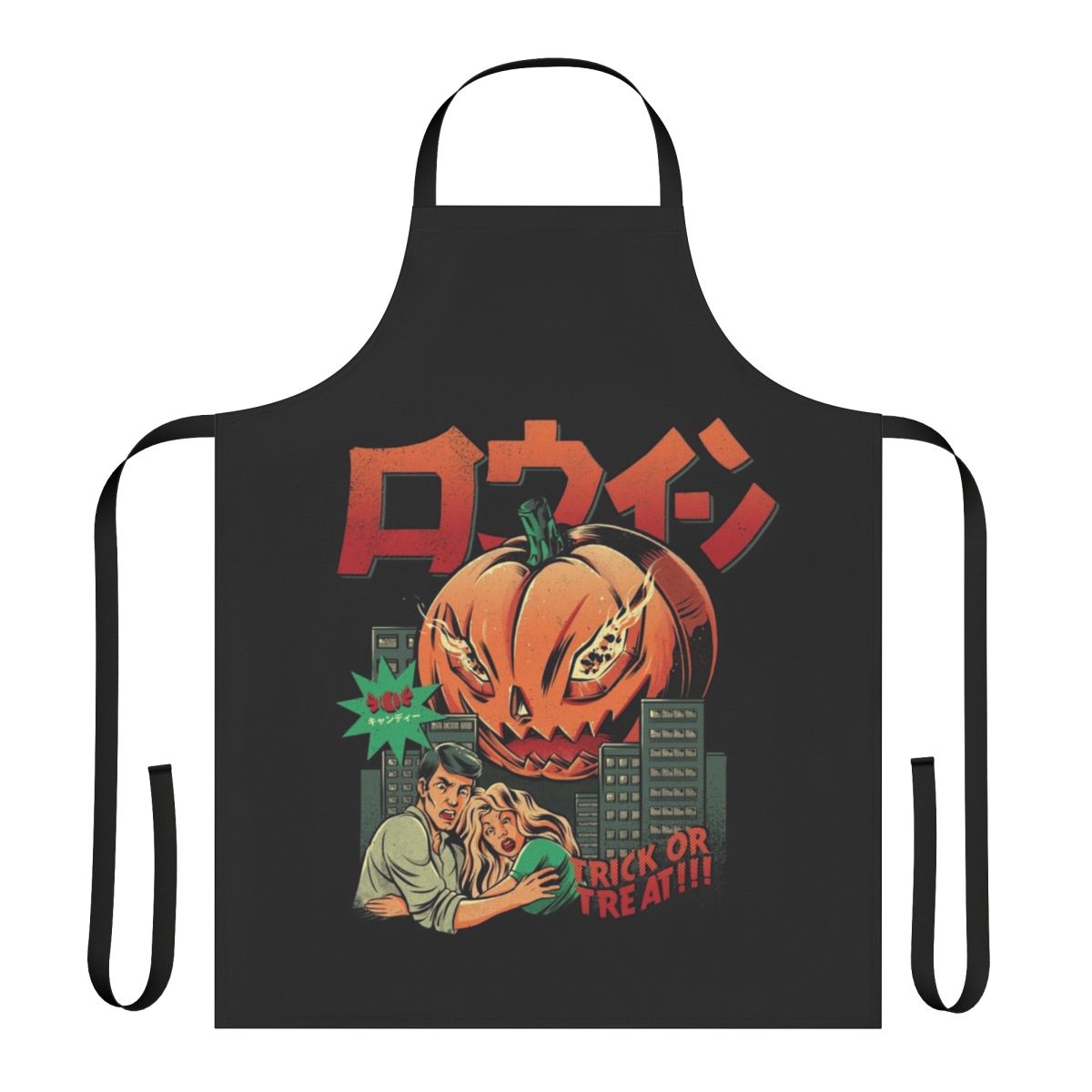 A pumpkin monster themed apron with a retro, Japanese-inspired design.