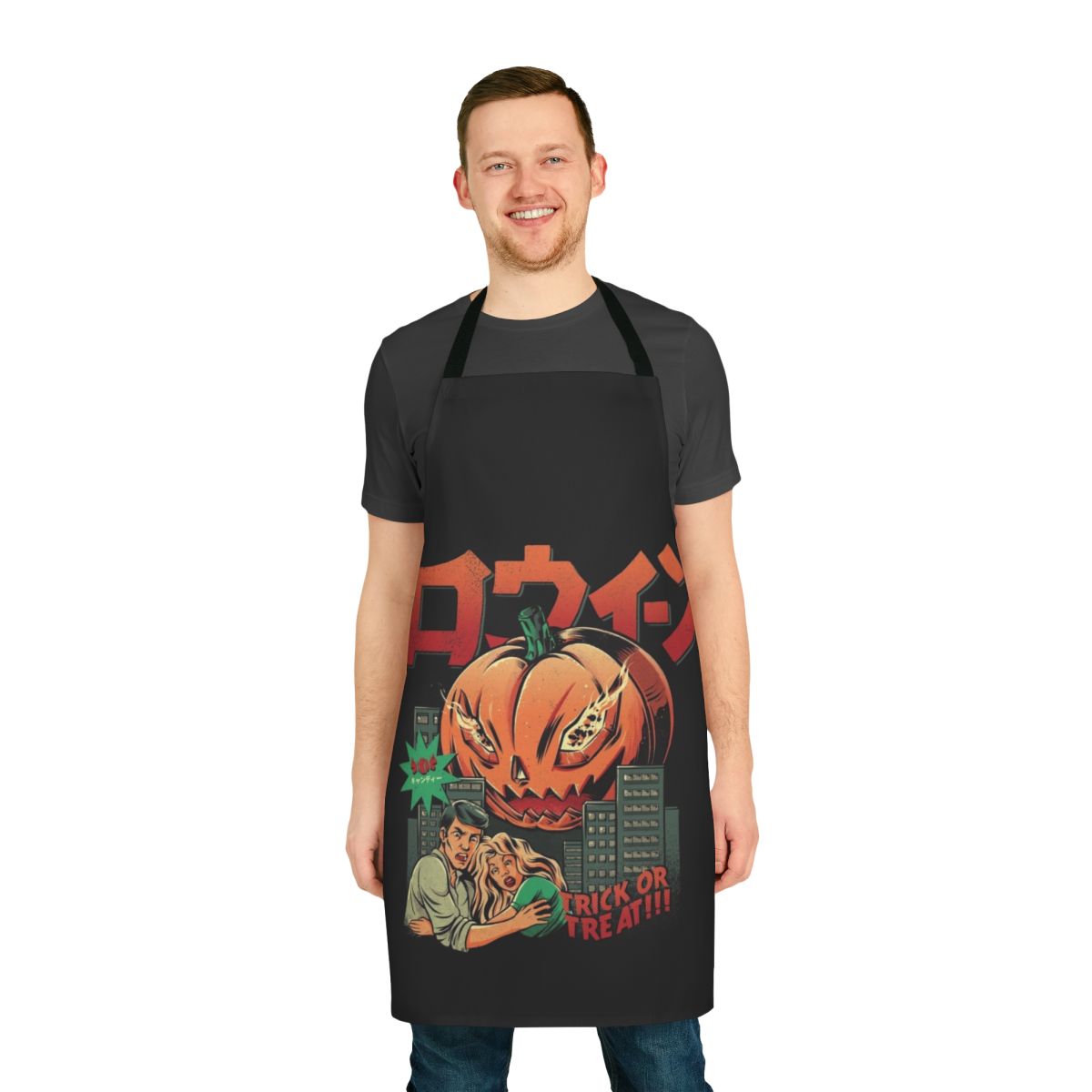 A pumpkin monster themed apron with a retro, Japanese-inspired design.