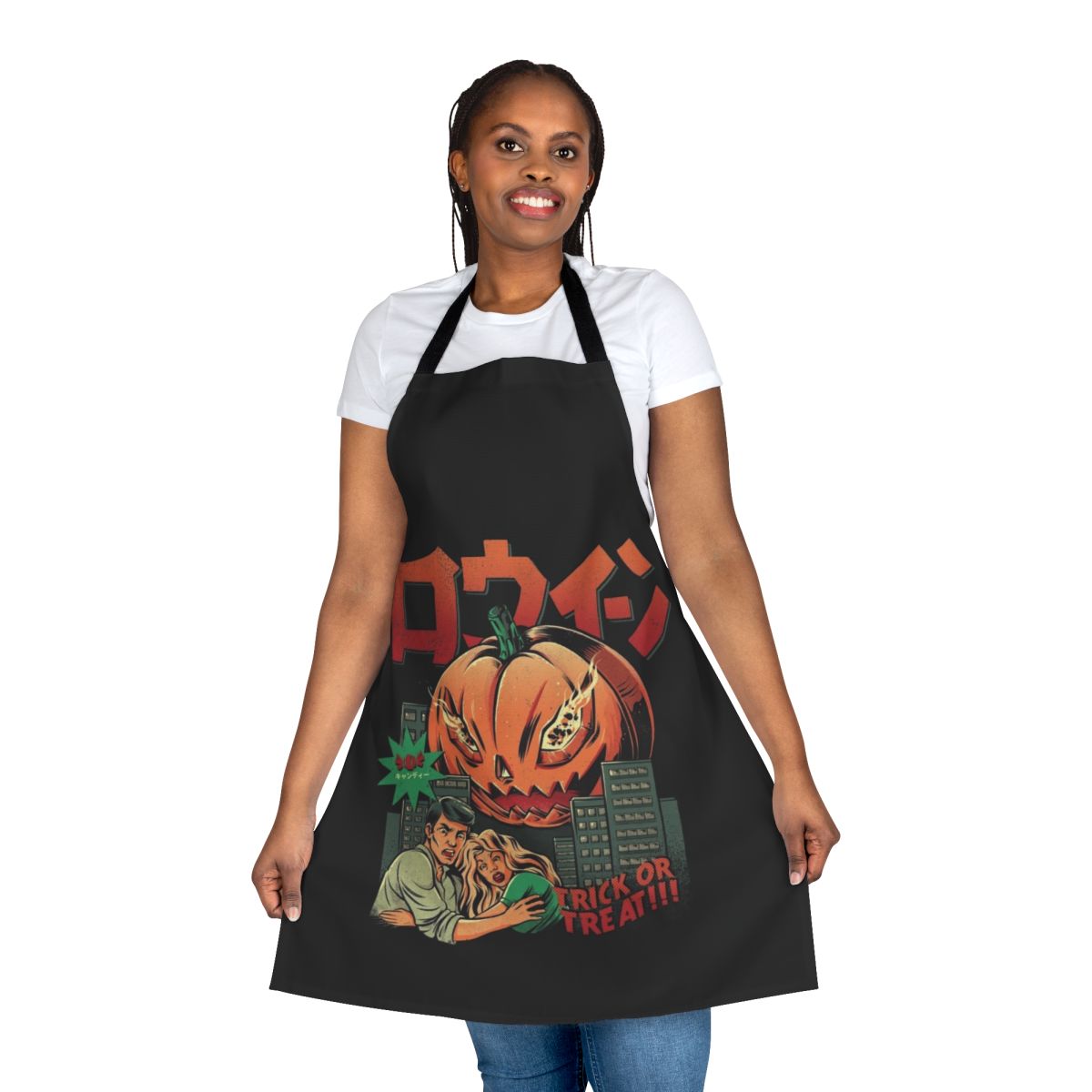 A pumpkin monster themed apron with a retro, Japanese-inspired design.