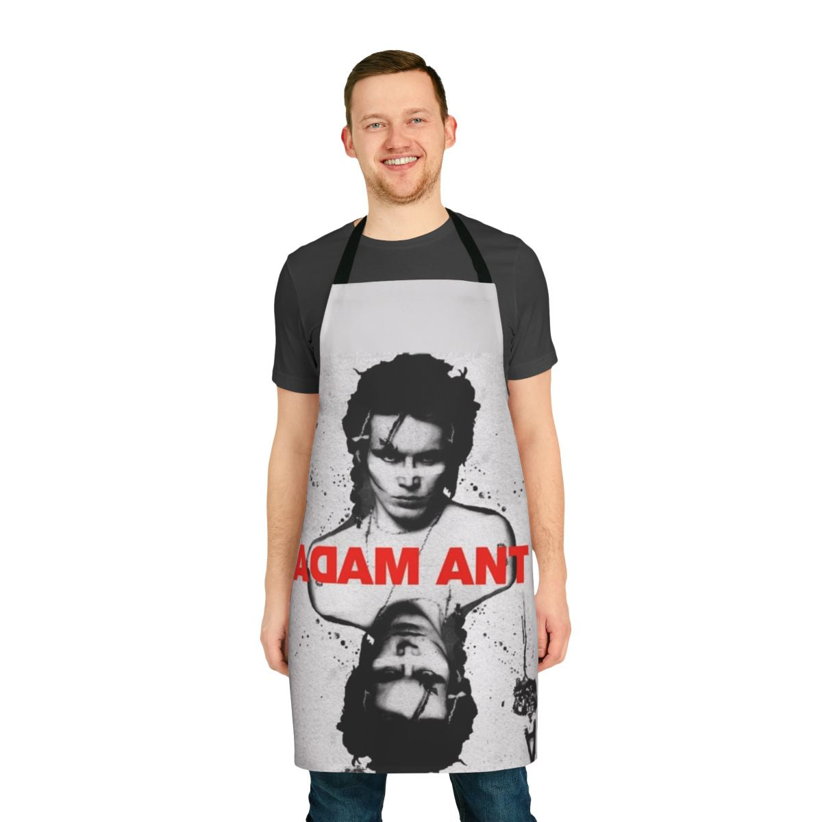 Apron featuring a playing card design with Adam Ant, in a punk rock style.