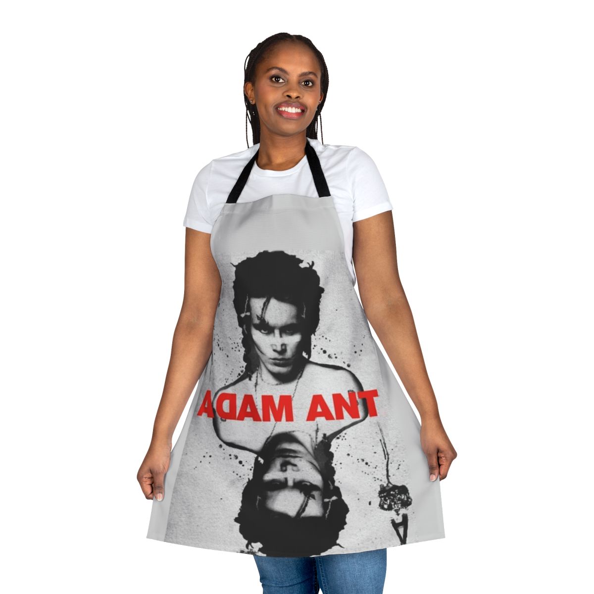 Apron featuring a playing card design with Adam Ant, in a punk rock style.