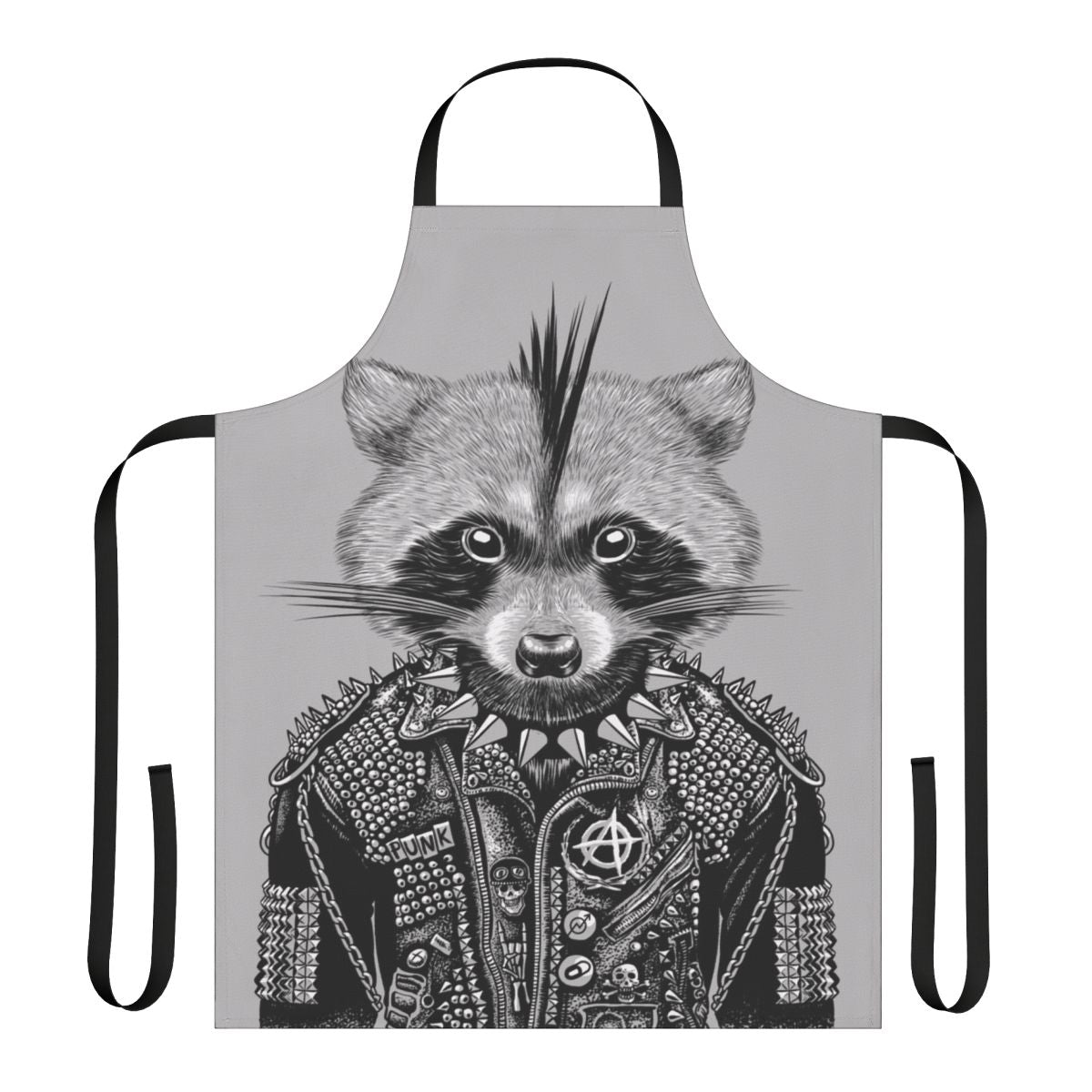 Punk-inspired apron featuring a graphic design of a raccoon, perfect for the kitchen, grilling, or as a unique gift
