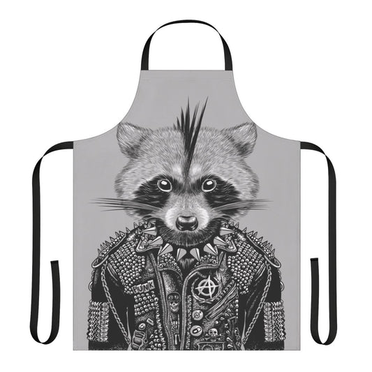 Punk-inspired apron featuring a graphic design of a raccoon, perfect for the kitchen, grilling, or as a unique gift