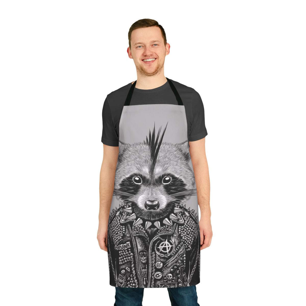 Punk-inspired apron featuring a graphic design of a raccoon, perfect for the kitchen, grilling, or as a unique gift