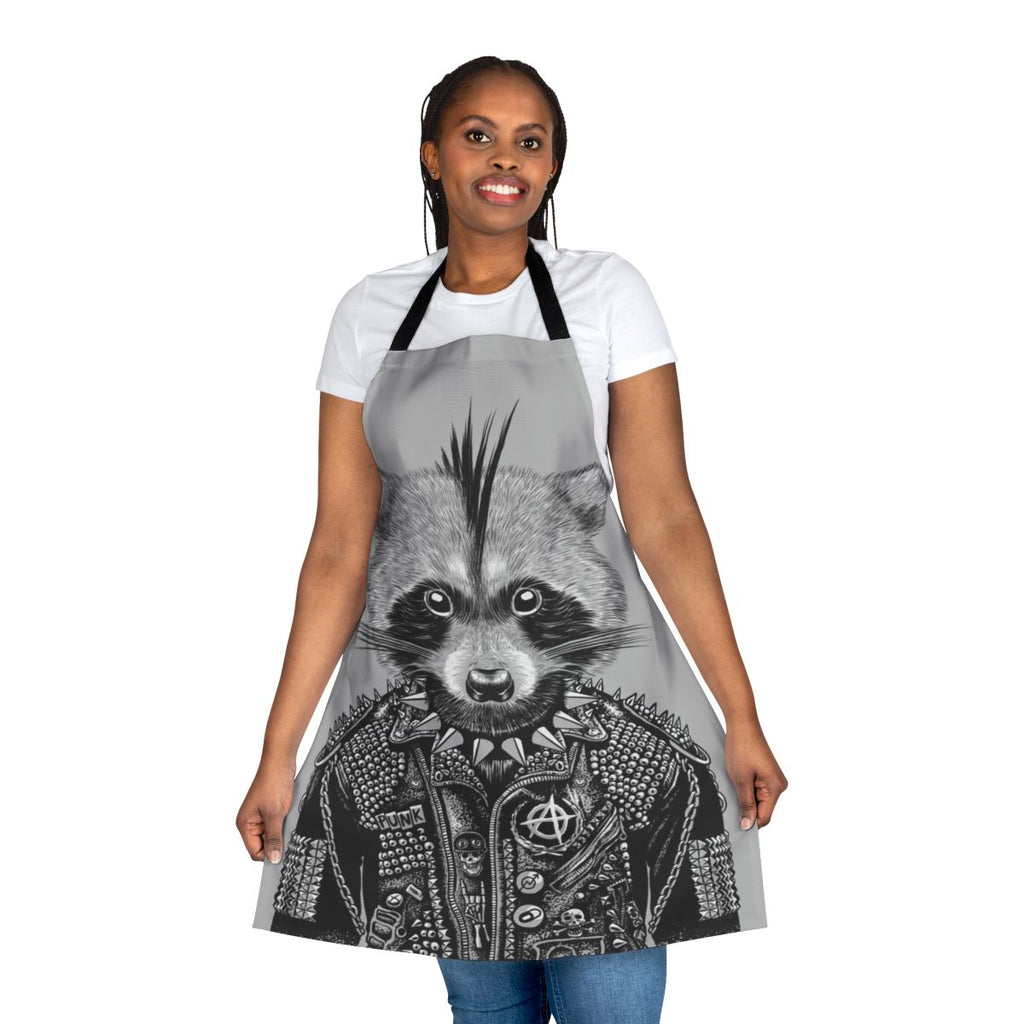 Punk-inspired apron featuring a graphic design of a raccoon, perfect for the kitchen, grilling, or as a unique gift