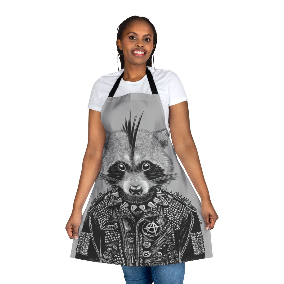 Punk-inspired apron featuring a graphic design of a raccoon, perfect for the kitchen, grilling, or as a unique gift