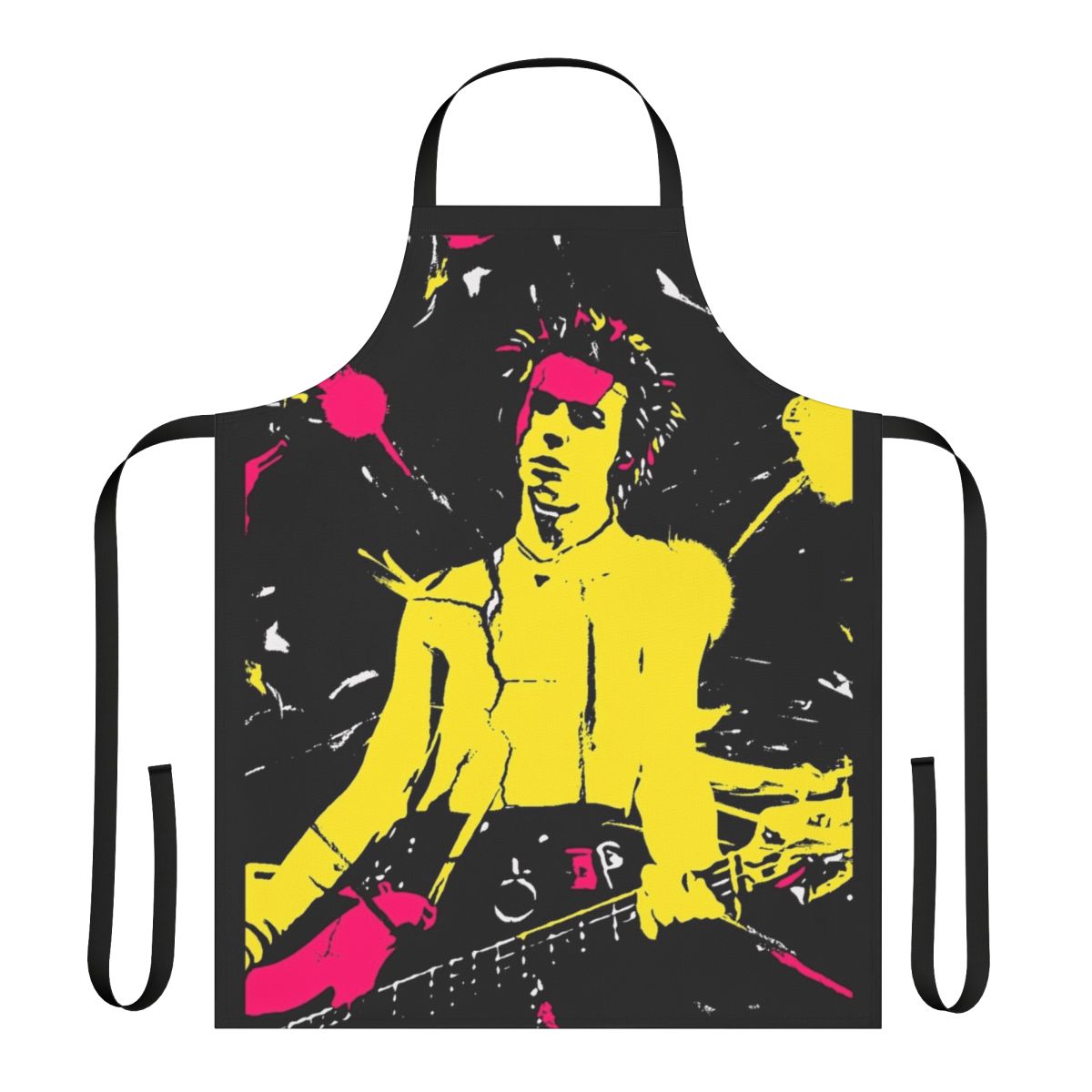 A punk-inspired retro apron featuring a bold, grungy design for music and counter-culture fans.