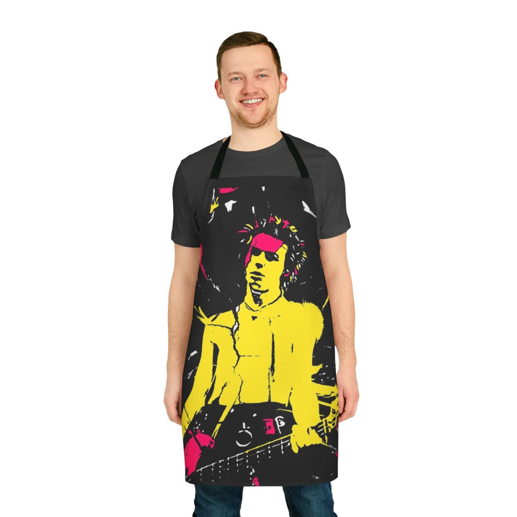 A punk-inspired retro apron featuring a bold, grungy design for music and counter-culture fans.