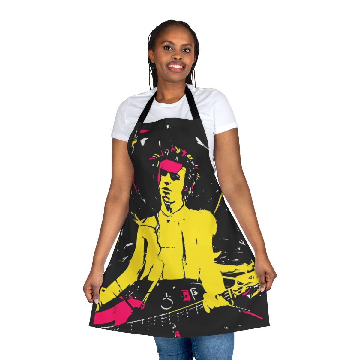 A punk-inspired retro apron featuring a bold, grungy design for music and counter-culture fans.