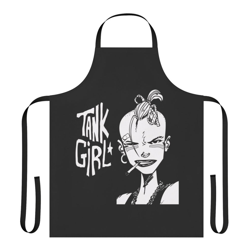 Punk-themed apron with a tank girl graphic, perfect for music lovers and partygoers.