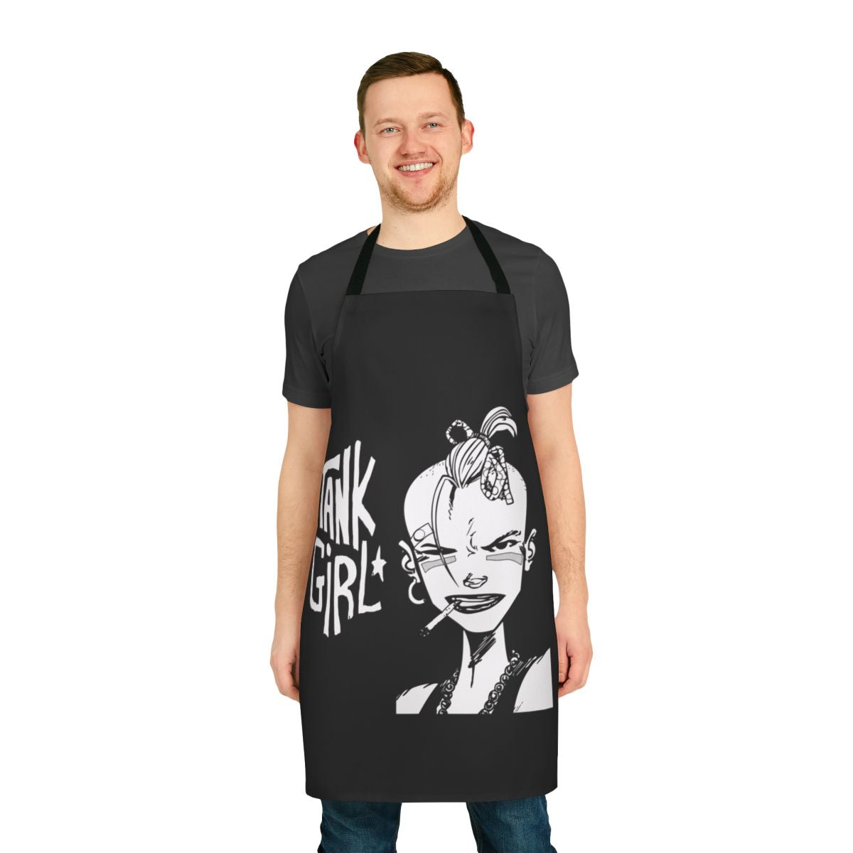 Punk-themed apron with a tank girl graphic, perfect for music lovers and partygoers.