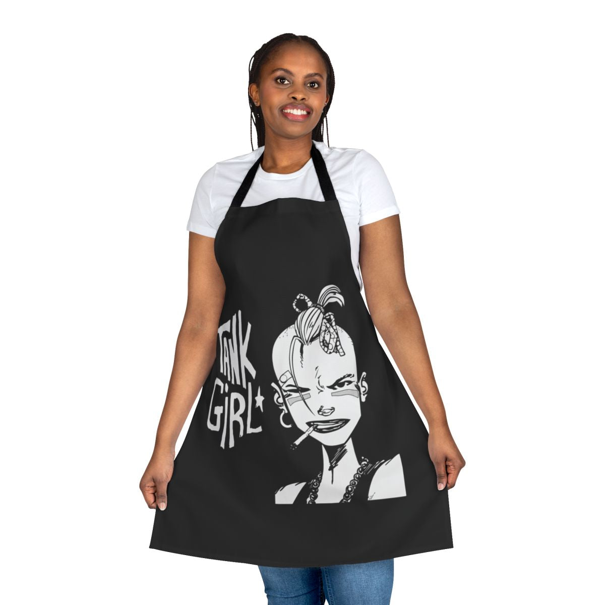 Punk-themed apron with a tank girl graphic, perfect for music lovers and partygoers.