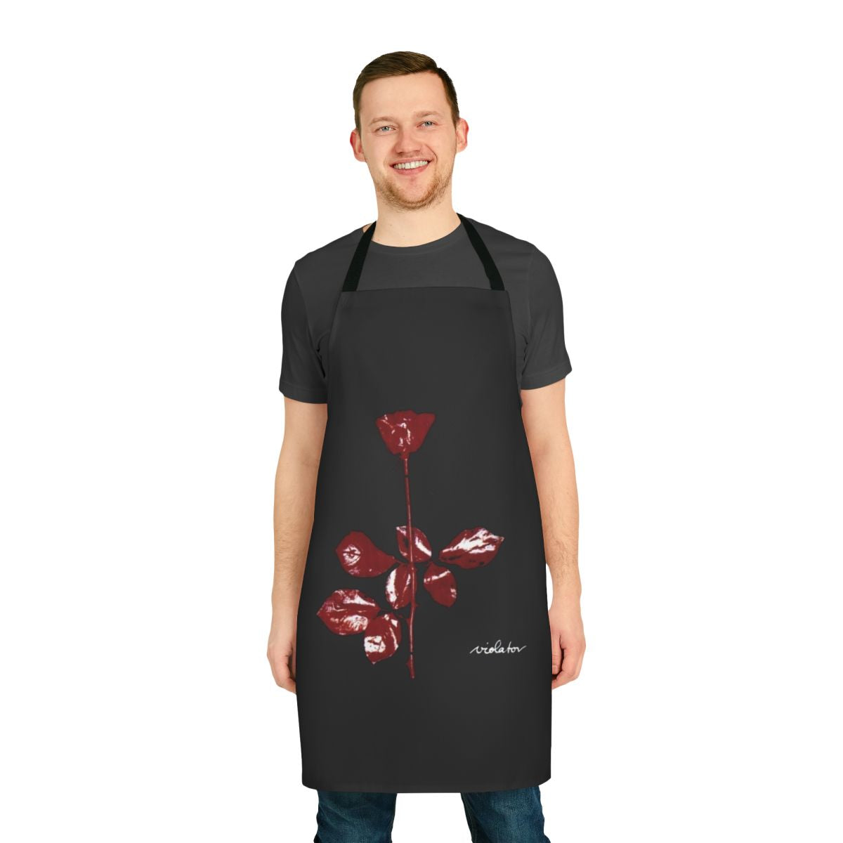 Black apron with 'Violator' text, perfect for the punk-inspired home cook