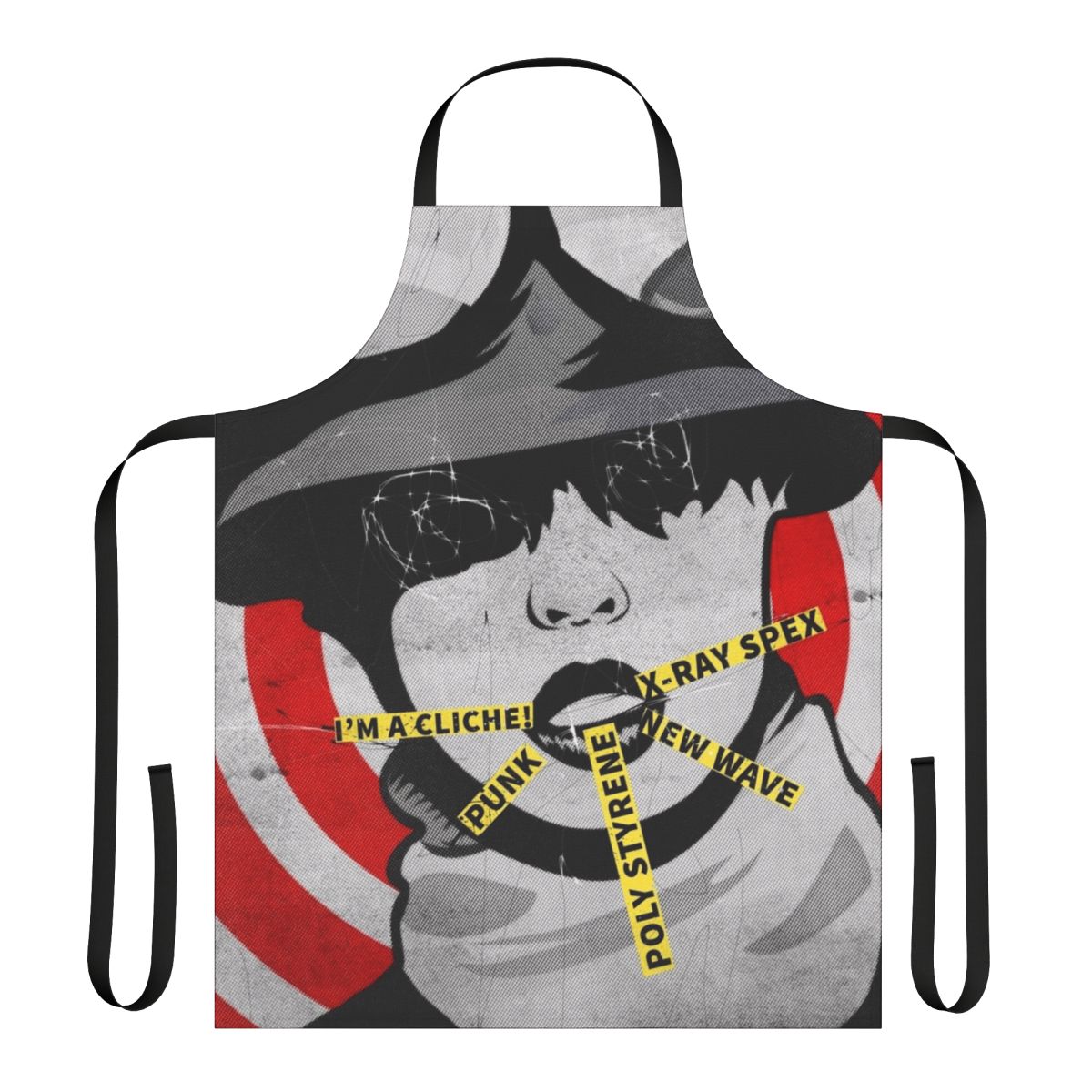 Women's apron featuring a stylized Poly Styrene graphic, representing the influential punk musician and feminist icon.