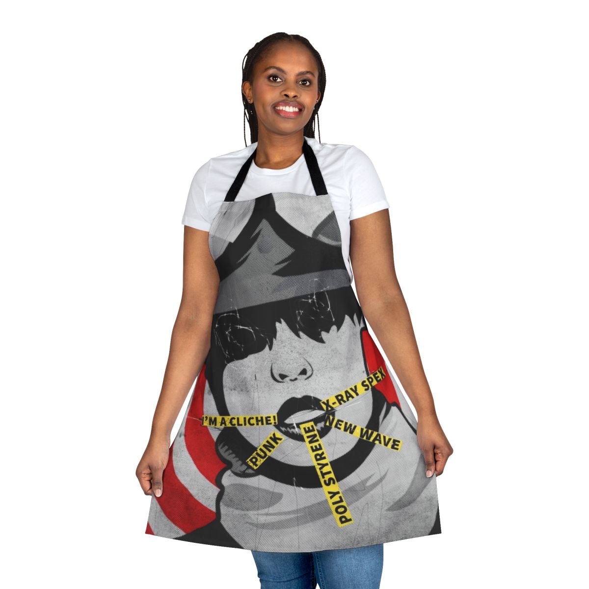 Women's apron featuring a stylized Poly Styrene graphic, representing the influential punk musician and feminist icon.