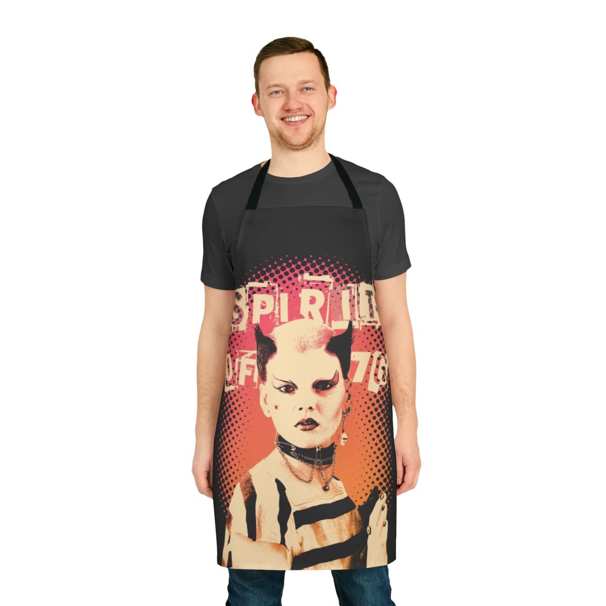 Punk rock apron with a design inspired by the iconic style of British punk rocker Soo Catwoman