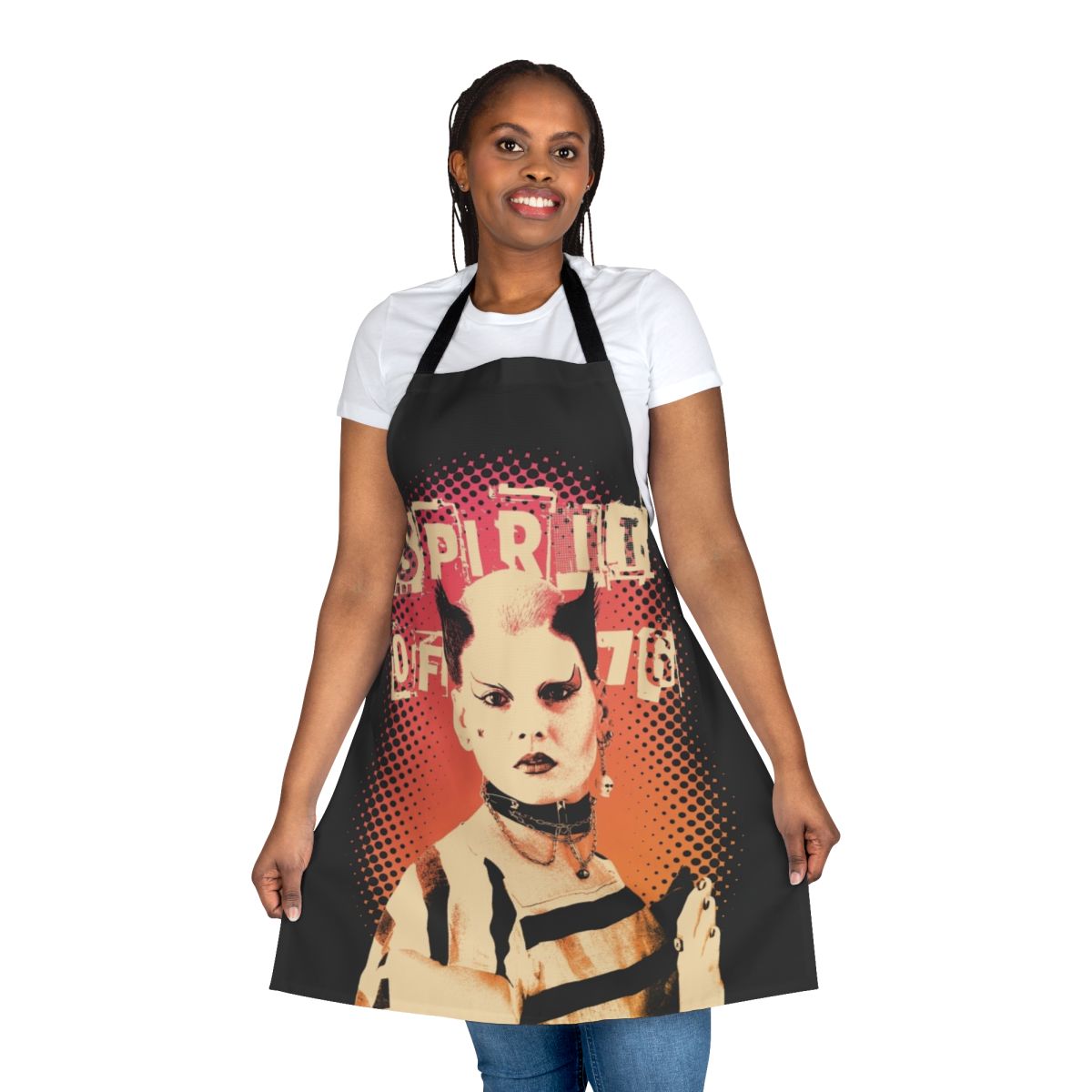 Punk rock apron with a design inspired by the iconic style of British punk rocker Soo Catwoman
