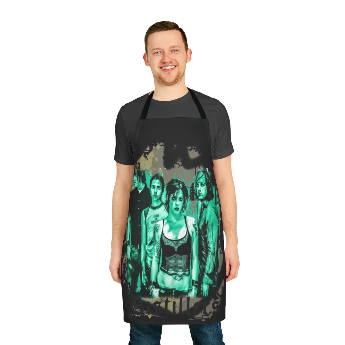 Punk rock art apron featuring a Distillers-inspired design