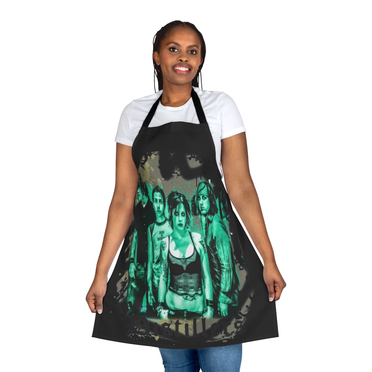 Punk rock art apron featuring a Distillers-inspired design