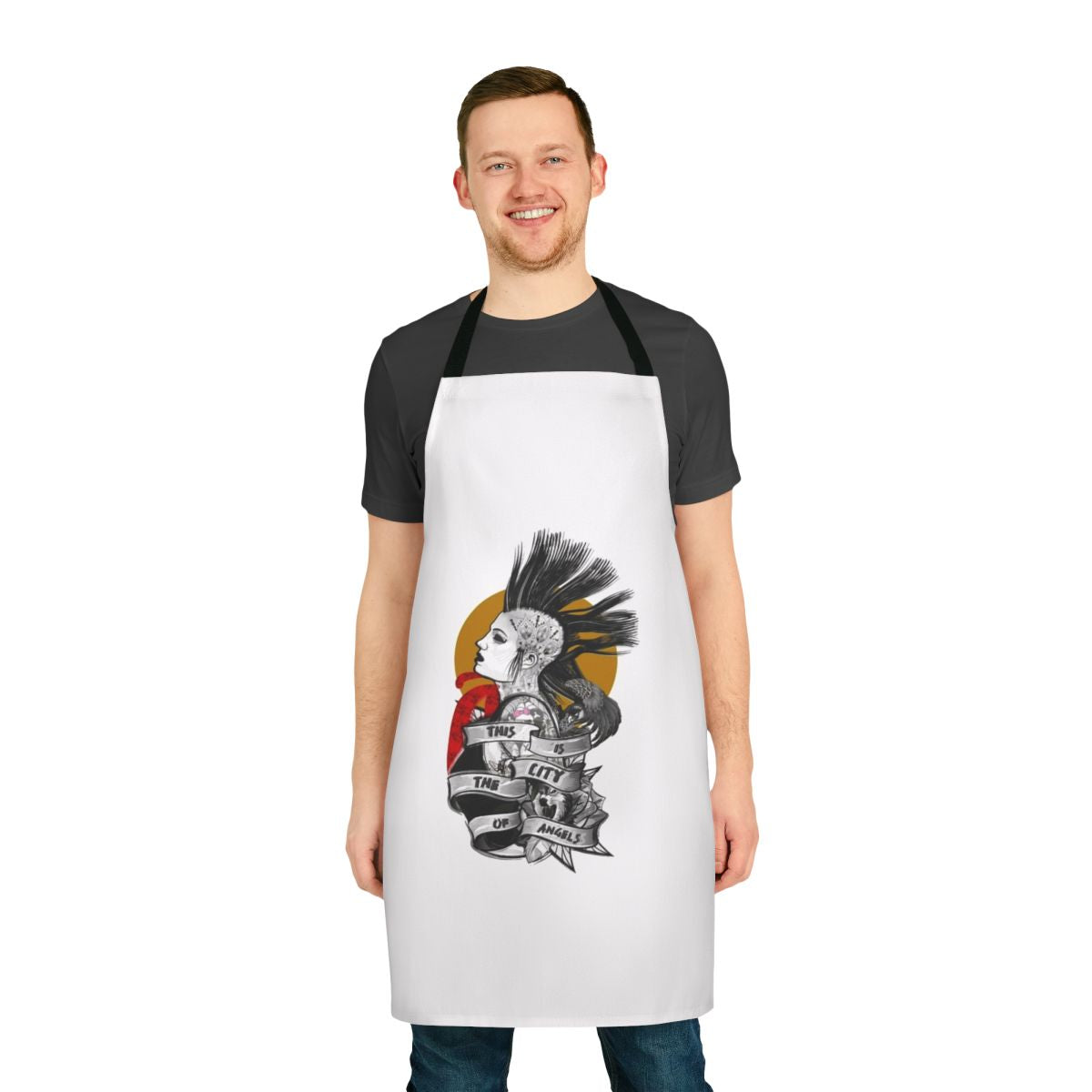 Stylish apron featuring a punk rock band design for music enthusiasts